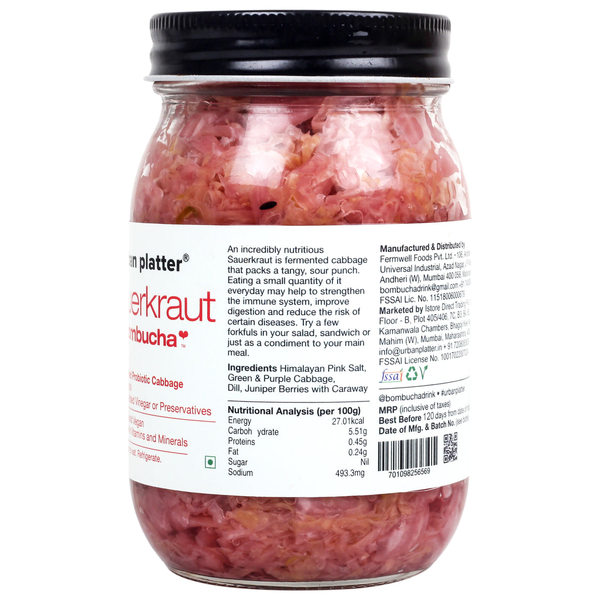 Urban Platter Sauerkraut Original Pickled Probiotic Cabbage, 450g (Raw, Organic | Powered by Bombucha)