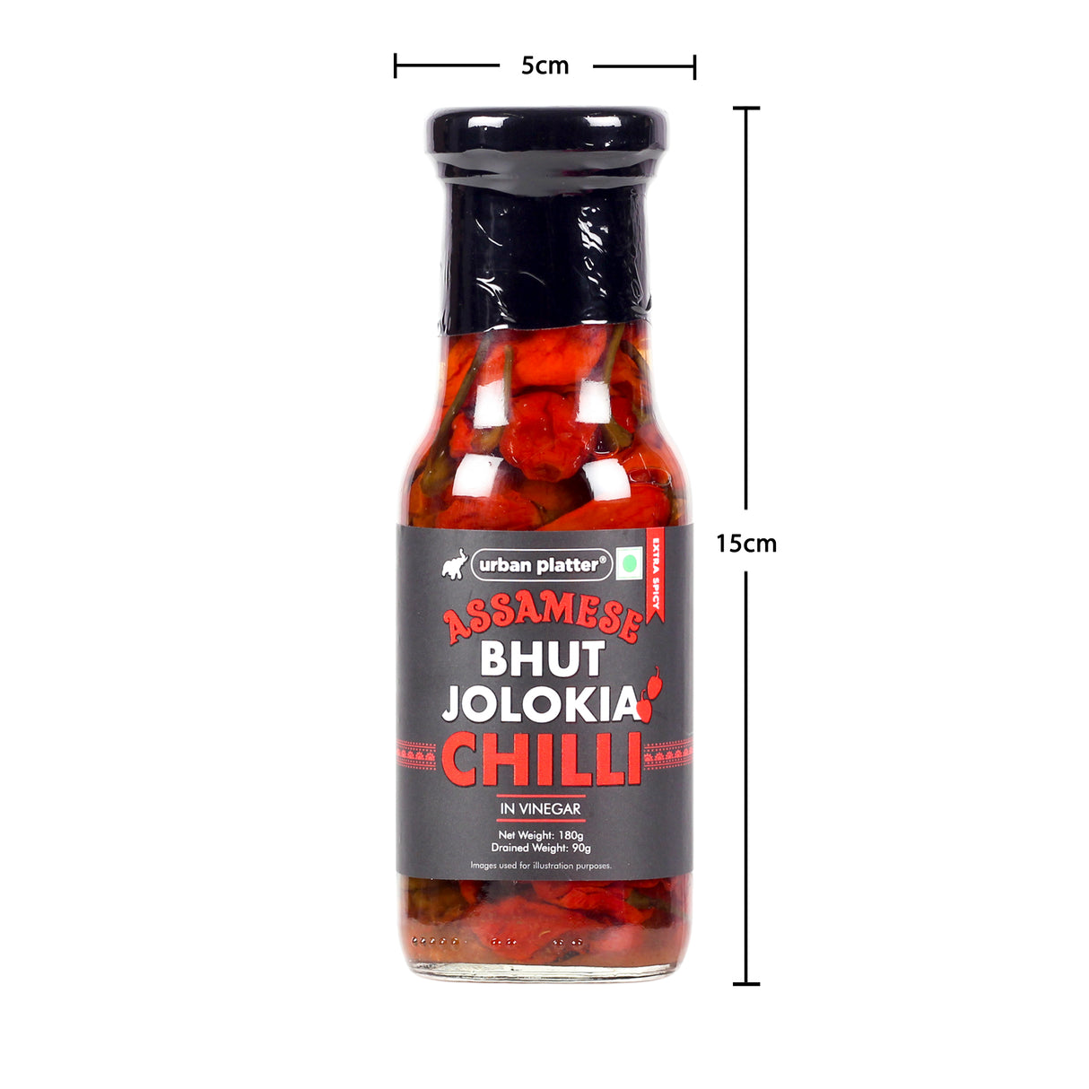 Urban Platter Assamese Bhut Jolokia Whole Chilli Peppers in Vinegar, 180g (Delicious and Fiery Bhoot Jolokia Naga Ghost Chilli Peppers from Assam, Great for Hot Sauces)