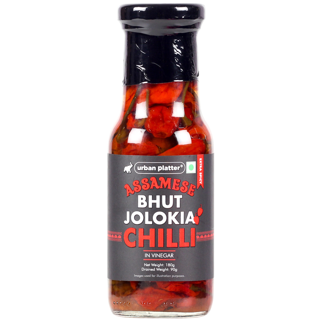 Urban Platter Assamese Bhut Jolokia Whole Chilli Peppers in Vinegar, 180g (Delicious and Fiery Bhoot Jolokia Naga Ghost Chilli Peppers from Assam, Great for Hot Sauces)