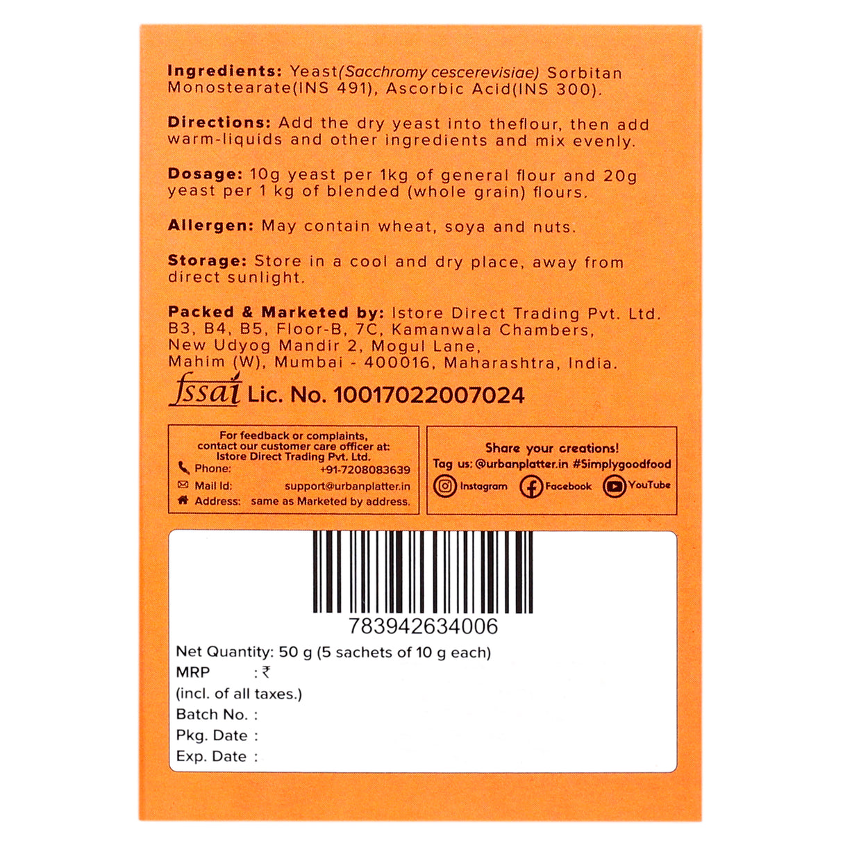 Urban Platter Bakers Active Dry Yeast, 50g (5 Sachets of 10g each)