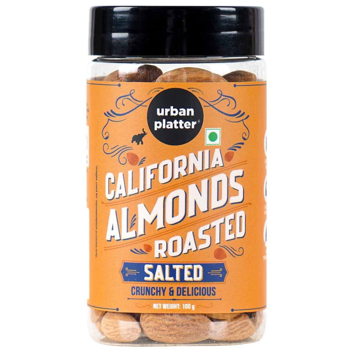 Urban Platter Roasted Salted California Almonds, 100g (Premium California Almonds seasoned with Pink salt, Rich in Fiber & Protein, Add to Fruit Salads, Oatmeal, Trail Mixes, Desserts, Ice creams, Baked Goods)