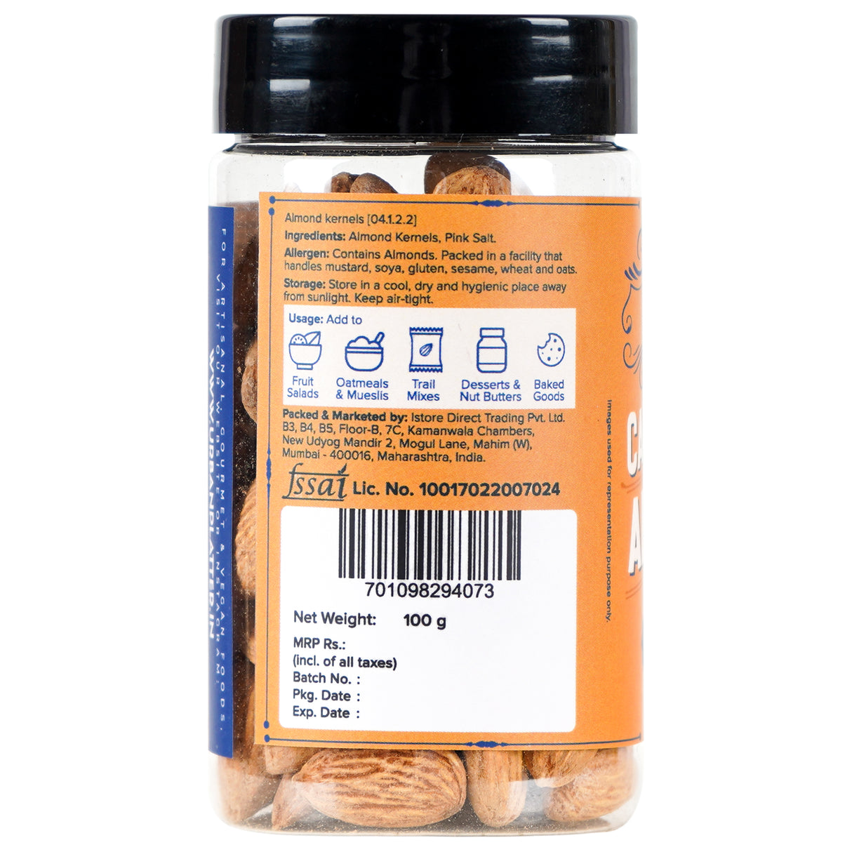 Urban Platter Roasted Salted California Almonds, 100g (Premium California Almonds seasoned with Pink salt, Rich in Fiber & Protein, Add to Fruit Salads, Oatmeal, Trail Mixes, Desserts, Ice creams, Baked Goods)