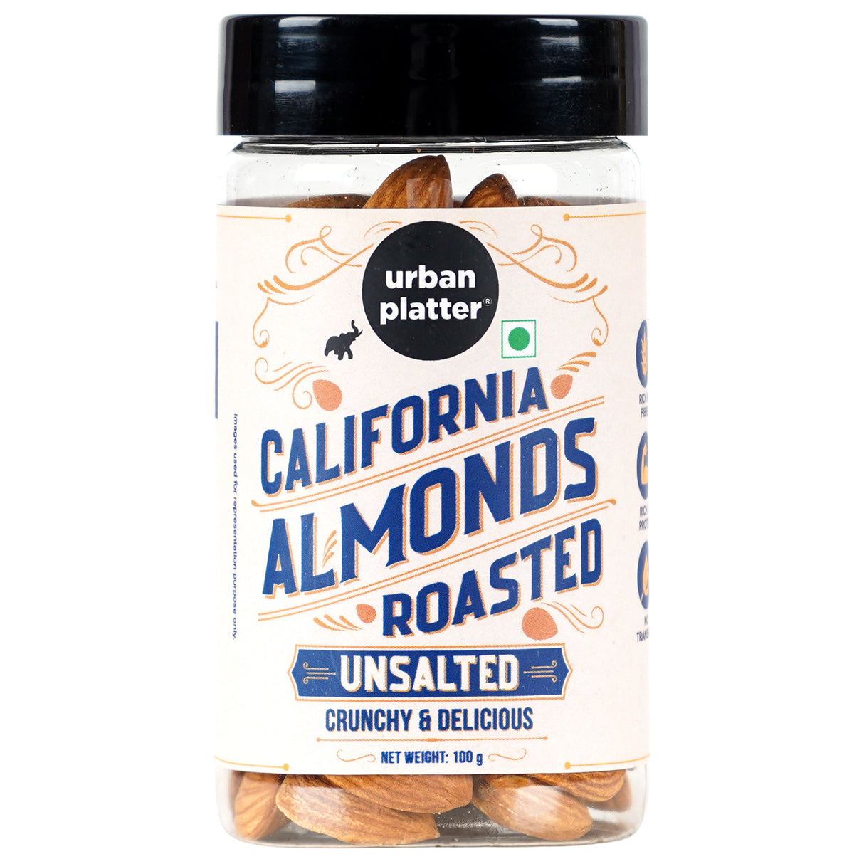 Urban Platter Roasted Unsalted California Almonds, 100g (Premium California Almonds , Rich in Fiber & Protein , Add to Fruit Salads , Oatmeal , Mueslis , Trail Mixes , Desserts , Ice creams, Baked Goods, Travel-friendly pack)