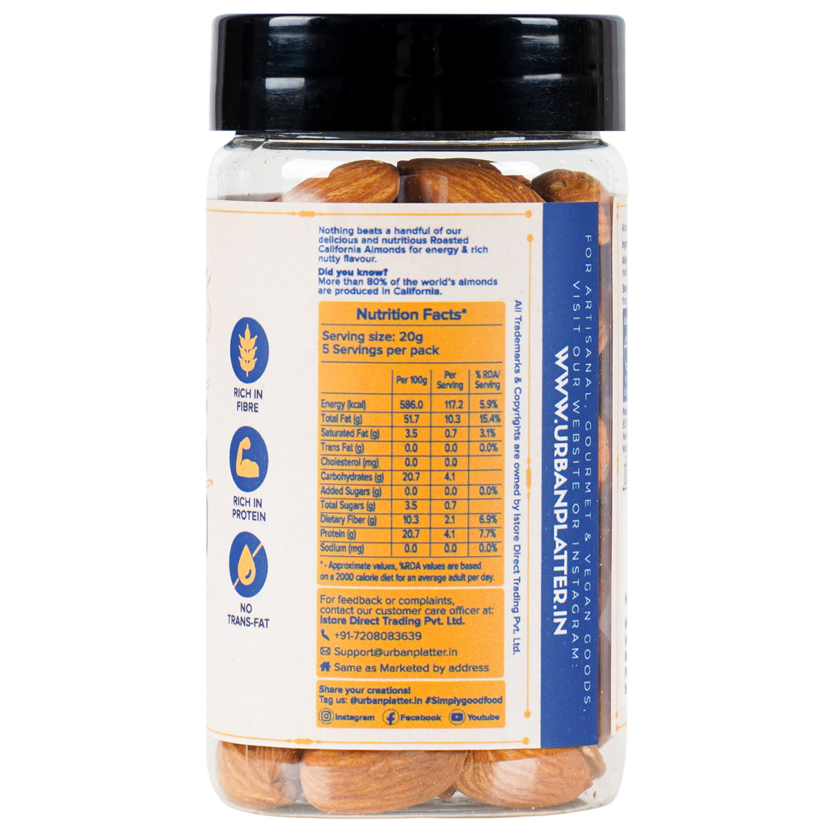 Urban Platter Roasted Unsalted California Almonds, 100g (Premium California Almonds , Rich in Fiber & Protein , Add to Fruit Salads , Oatmeal , Mueslis , Trail Mixes , Desserts , Ice creams, Baked Goods, Travel-friendly pack)