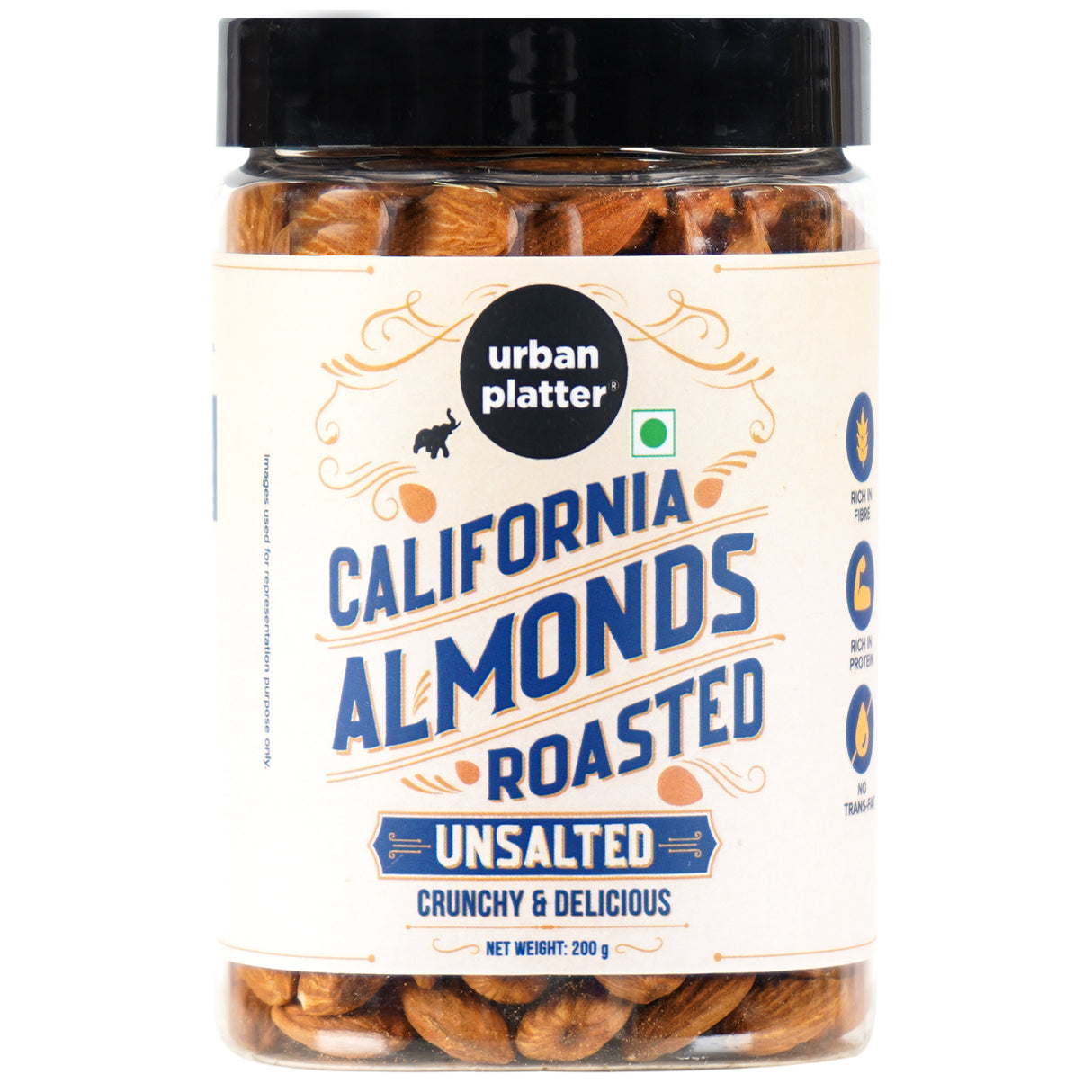 Urban Platter Roasted Unsalted California Almonds, 200g (Premium California Almonds, Rich in Fiber & Protein, Oven Roasted, Add to Fruit Salads, Oatmeals, Mueslis, Trail Mixes, Desserts, Ice creams, Baked Goods)