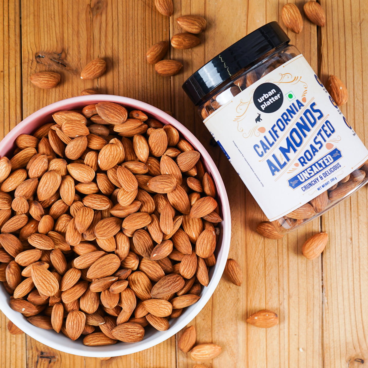 Urban Platter Roasted Unsalted California Almonds, 200g (Premium California Almonds, Rich in Fiber & Protein, Oven Roasted, Add to Fruit Salads, Oatmeals, Mueslis, Trail Mixes, Desserts, Ice creams, Baked Goods)