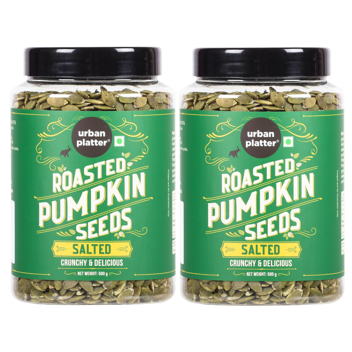 Urban Platter Roasted Pumpkin Seeds, 500g x 2 (Pepitas, Naturally Rich in Protein & Healthy Fats, Snack, Sprinkle & Bake) - front pack