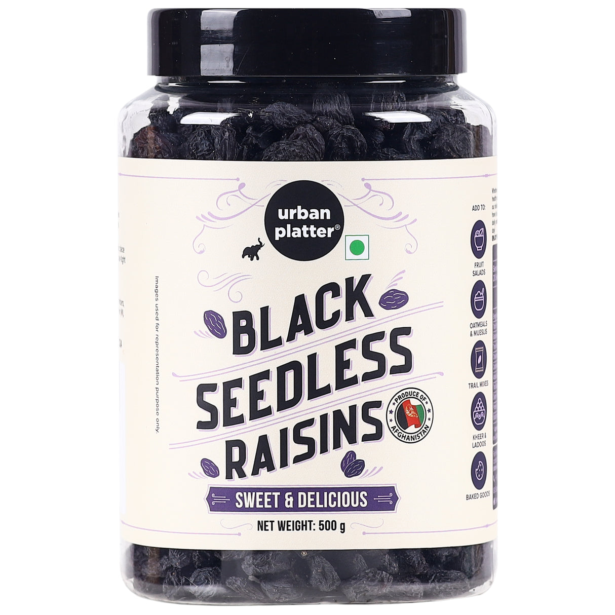 Urban Platter Seedless Black Raisins, 500g (Garnish or Add to Fruit Salads, Oatmeals, Mueslis, Trail Mixes, Ice creams, Baked Goods, Kheer & Ladoos)