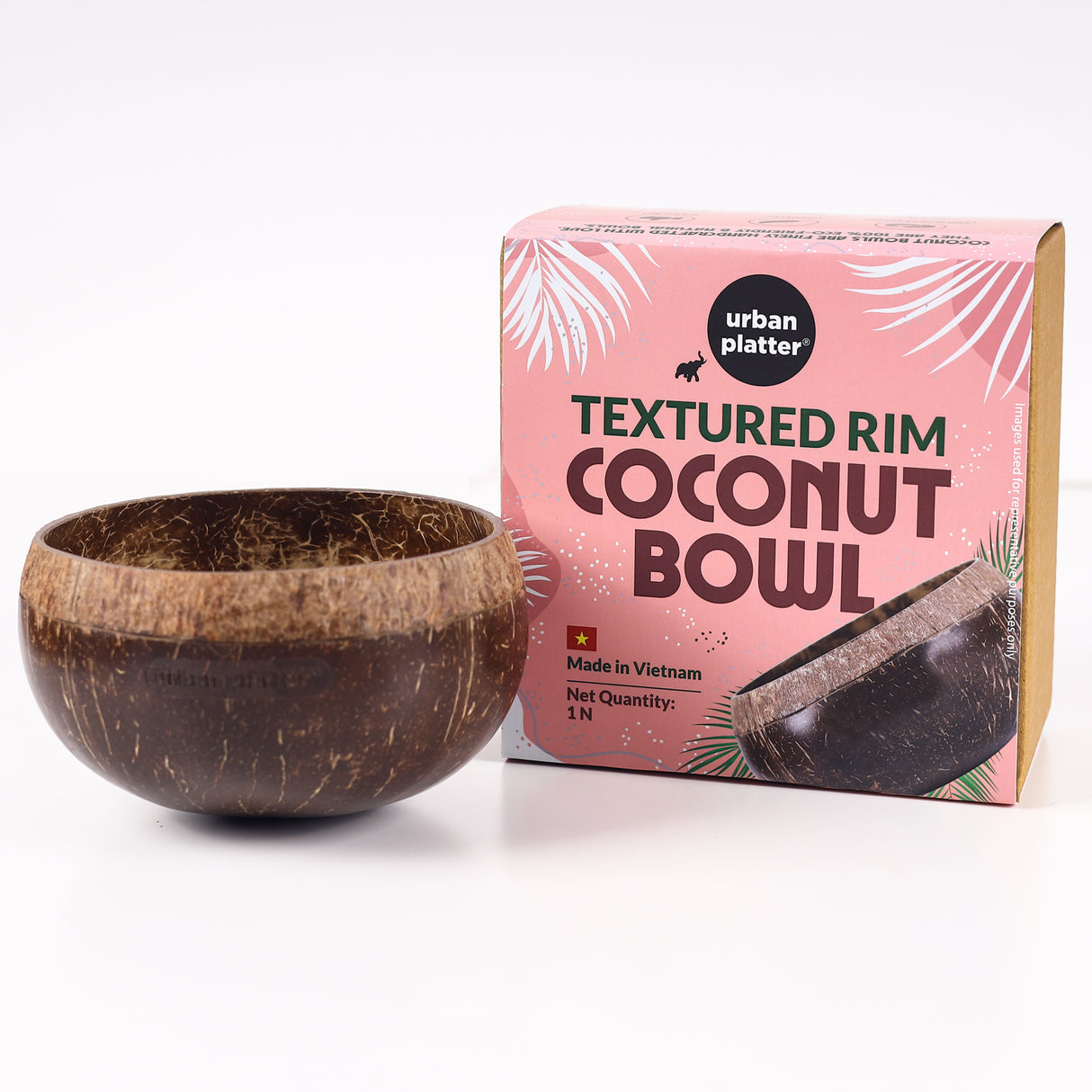 Urban Platter Textured Rim Coconut Bowl, 1 Unit (Made in Vietnam | Light Weight | Jumbo Size | Eco-friendly)