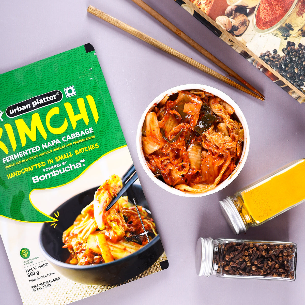 Korean Style Kimchi Fermented Nappa Cabbage, 350g (Raw,Powered by Bombucha)