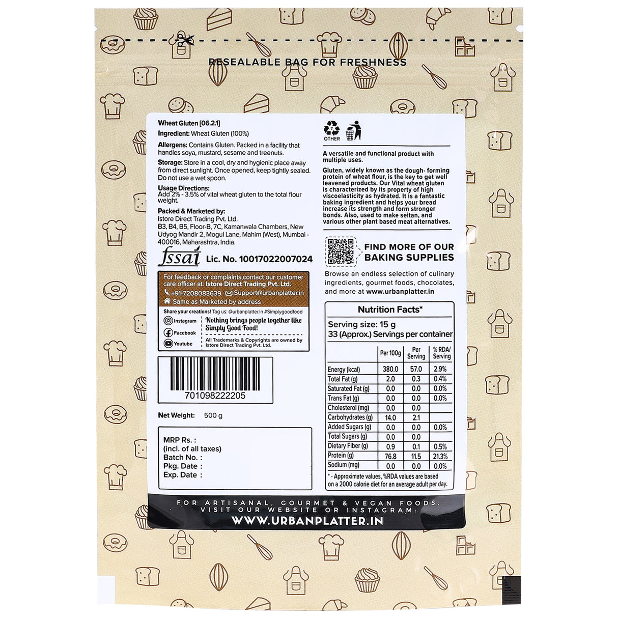 Urban Platter Vital Wheat Gluten, 500g (High-Protein Baking Essential | Key Ingredient for Seitan | Adds Elasticity & Structure | Ideal for Breads)