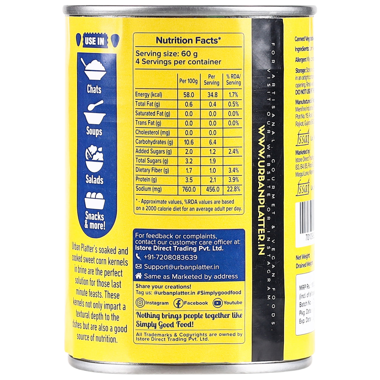 Urban Platter Ready to Use Sweet Corn Kernels in Brine, 400g (Drained Weight 240g)