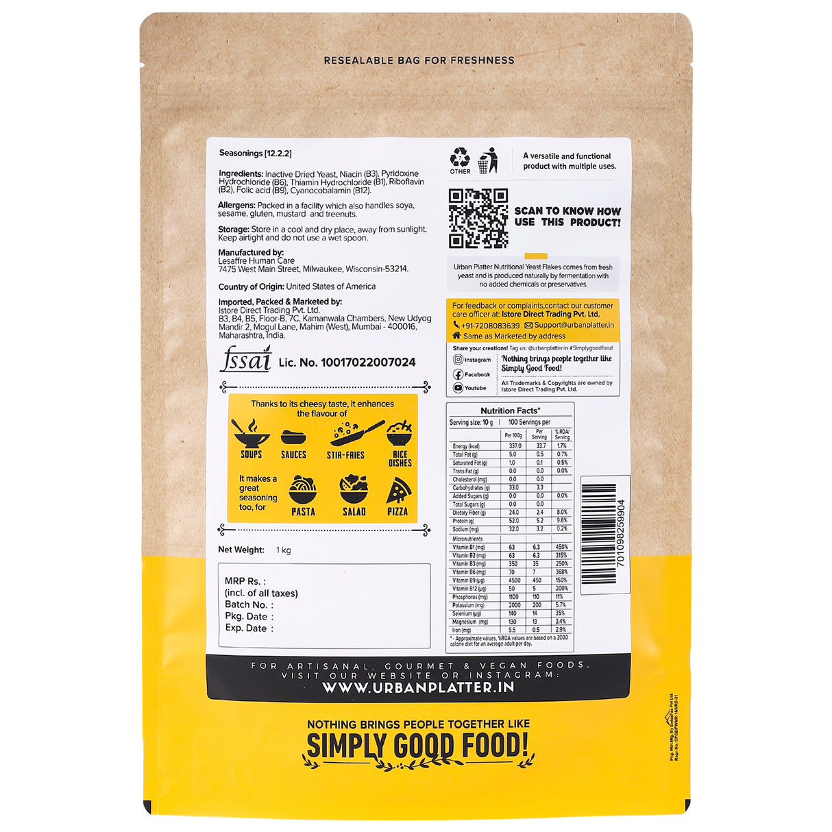 Urban Platter Nutritional Yeast Flakes, 1kg (Rich in Vitamin B12, Gluten-Free, Perfectly Plant-Based Nutty and Cheesy Nooch, Savoury Seasoning)