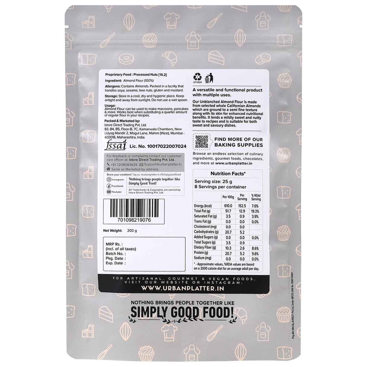 Natural Almond Flour, 200g (Naturally Gluten-free, Low-Carb, Unblanched, Ideal for Baking & Keto Recipes)