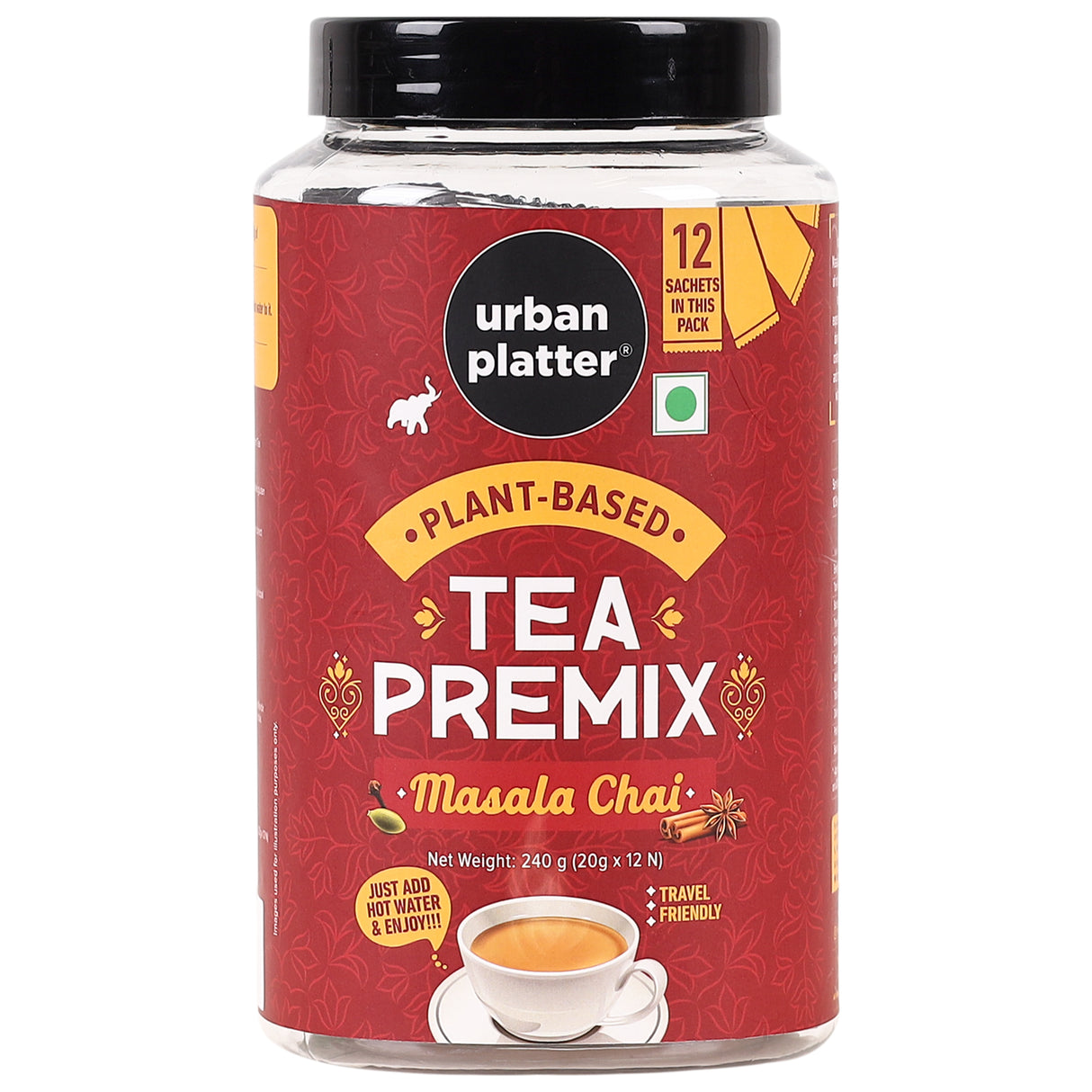 Urban Platter Tea Premix Sachets, Masala Chai, 240g (Just Add Water, 12 Sachets, Dairy-Free Instant Tea) - front pack