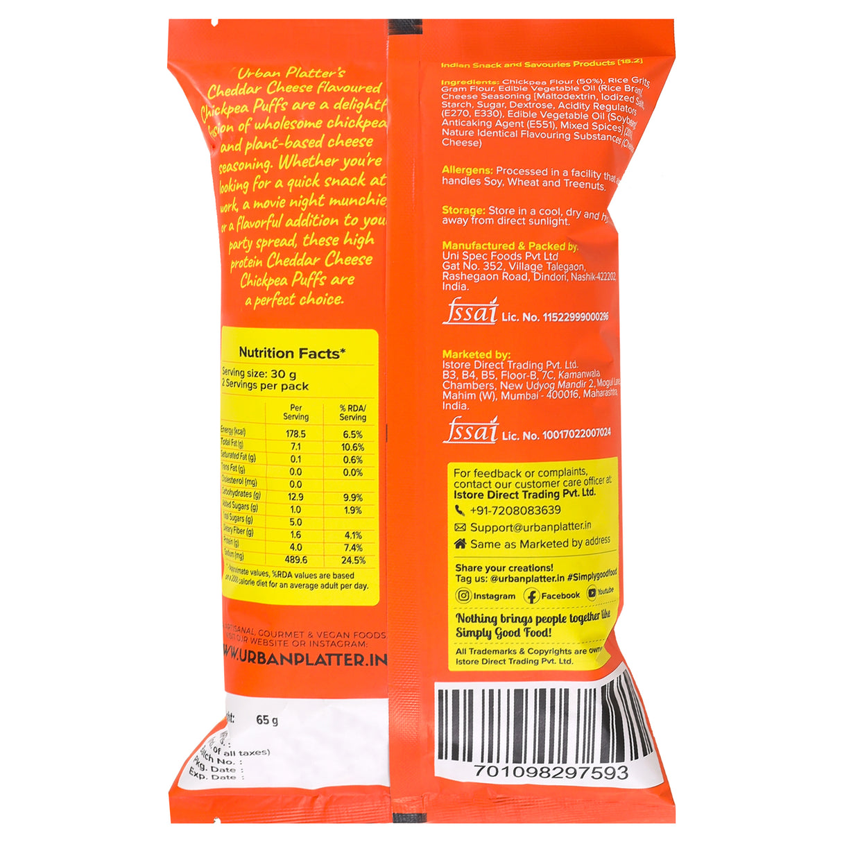 Urban Platter Cheddar Cheese Flavoured Chickpea Puffs, 65g (Savoury and Crunchy Snack | Plant Based | 4g Protein per serve | Made from USA Chickpeas) - product image 2