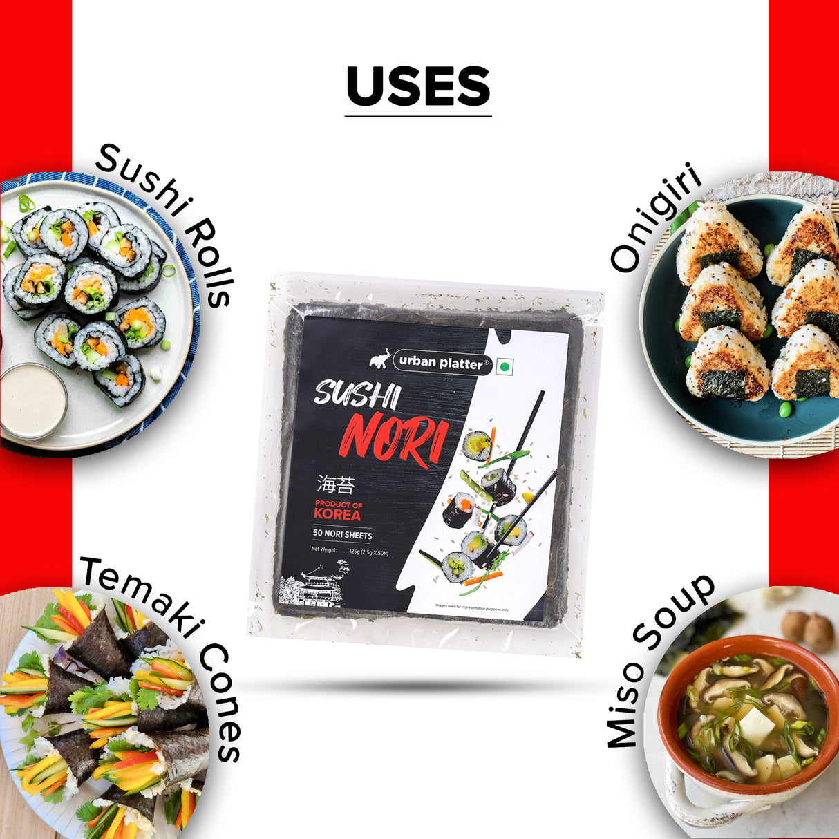 Sushi Nori Sheets, 125g (50 Sheets, Roasted Seaweed Laver |Product of Korea | Umami Flavour)
