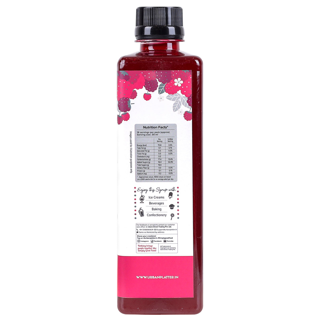 Urban Platter Raspberry Syrup, 500ml (Plant-based, Thick, Made From Real Fruits)