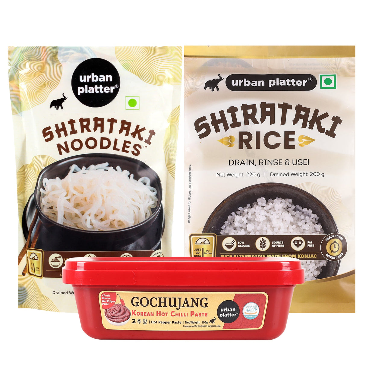 Urban Platter Shirataki Noodles, 270g + Shirataki Short-grain Rice, 220g + Classic Korean Gochujang, 170g (Combo pack)