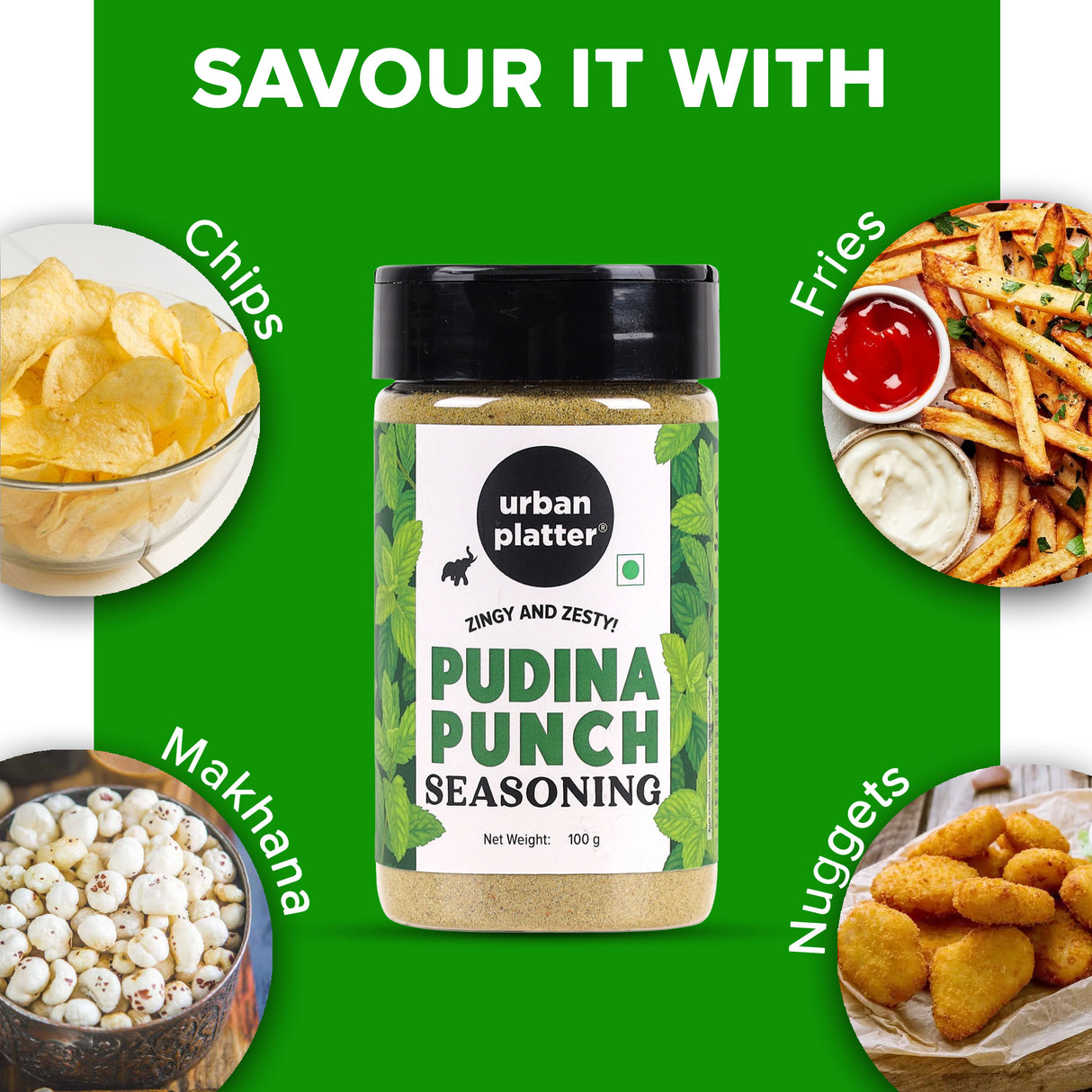 Urban Platter Pudina Punch Seasoning, 100g (Refreshing Minty Blend | Great for Fries, Popcorn, Makhanas & Salads)