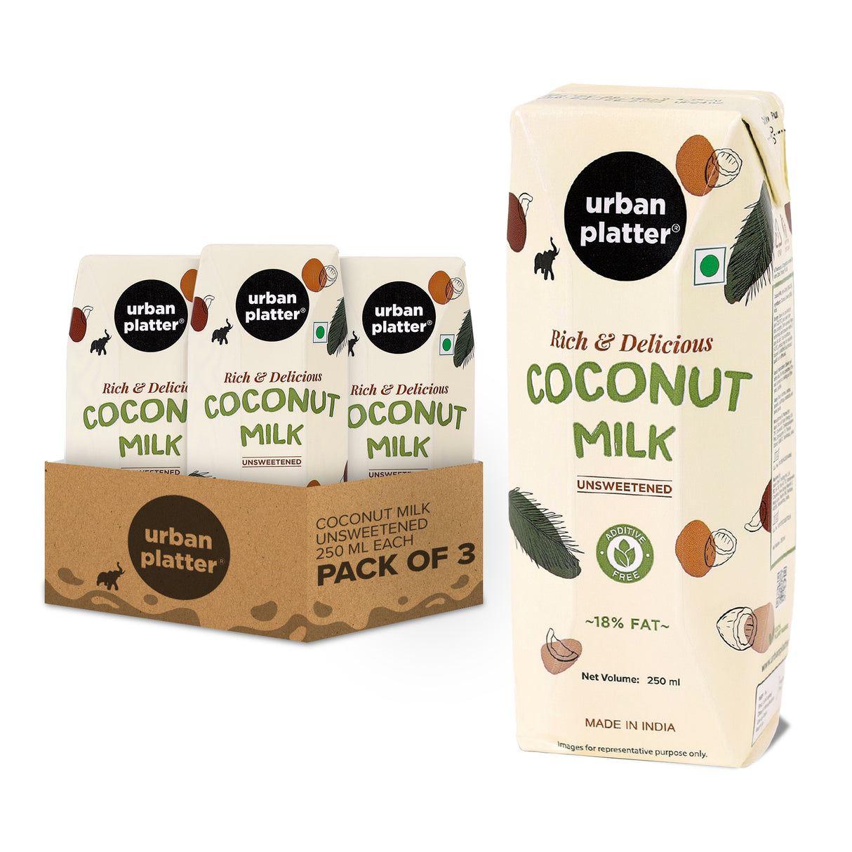 Urban Platter Coconut Milk, 250ml (Additive Free | 18% Fat | Pack of 3)