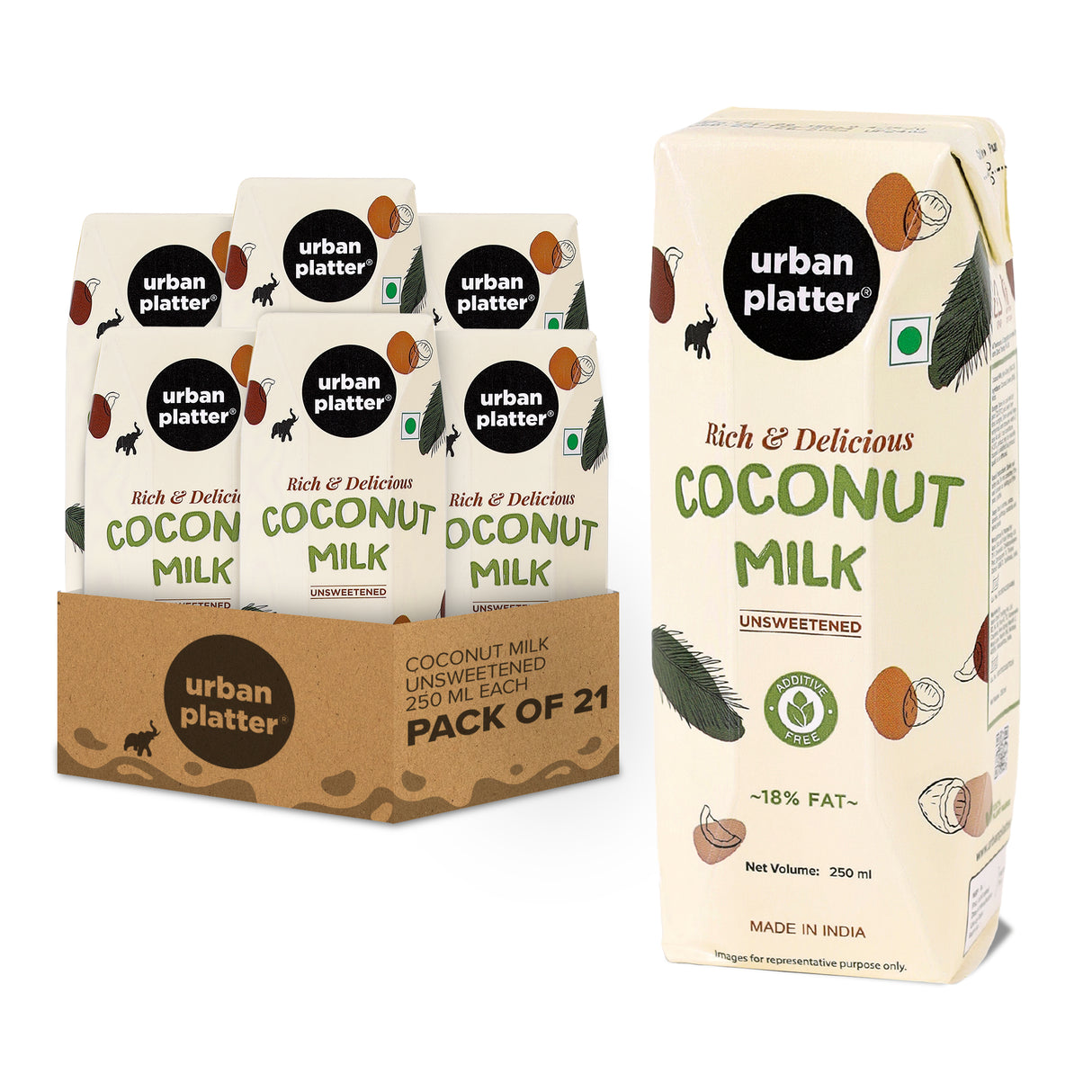 Urban Platter Coconut Milk, 250ml (Additive Free | 18% Fat | Pack of 21)