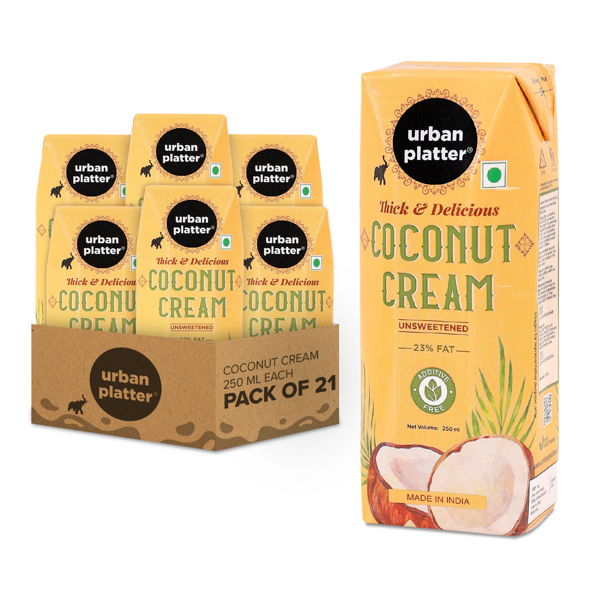 Urban Platter Coconut Cream, 250ml (Additive Free | 23% Fat | Pack of 21)