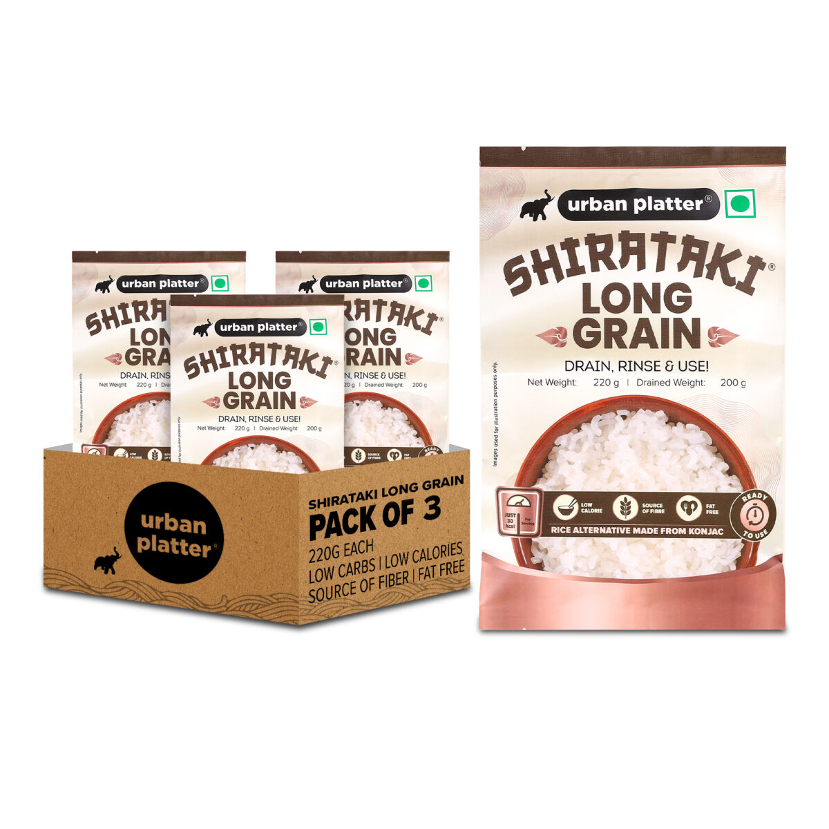 Urban Platter Shirataki Long-Grain Rice, 220g (Pack of 3) (Keto-Friendly | Low-Carb | Low-Calories | Fat-Free | Gluten-Free | Konjac Miracle Rice)