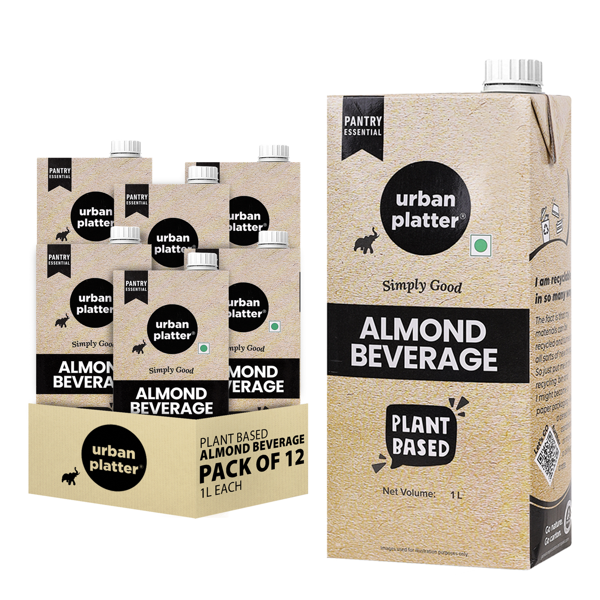 Urban Platter Almond Milk, 1 Litre, Pack of 12 (Unsweetened | Lactose-Free | Plant-Based Milk Alternative | Works Beautifully in Tea and Coffee)