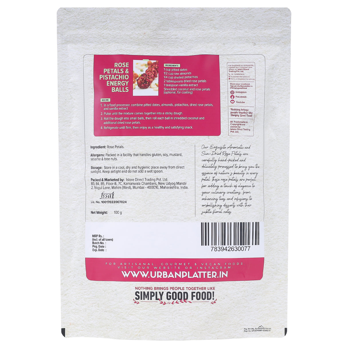 Urban Platter Sun Dried Rose Petals, 100g (100% Edible, Sun-Dried | Gulab Patti | Dried Rose Petals | Use in Tea, Baking, Making Rose Water, Crafting)