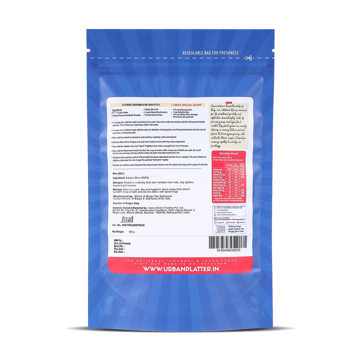 Urban Platter Classic Italian Arborio Rice, 300g (Risotto Rice | Short Grain Rice | Starchy and Chewy)