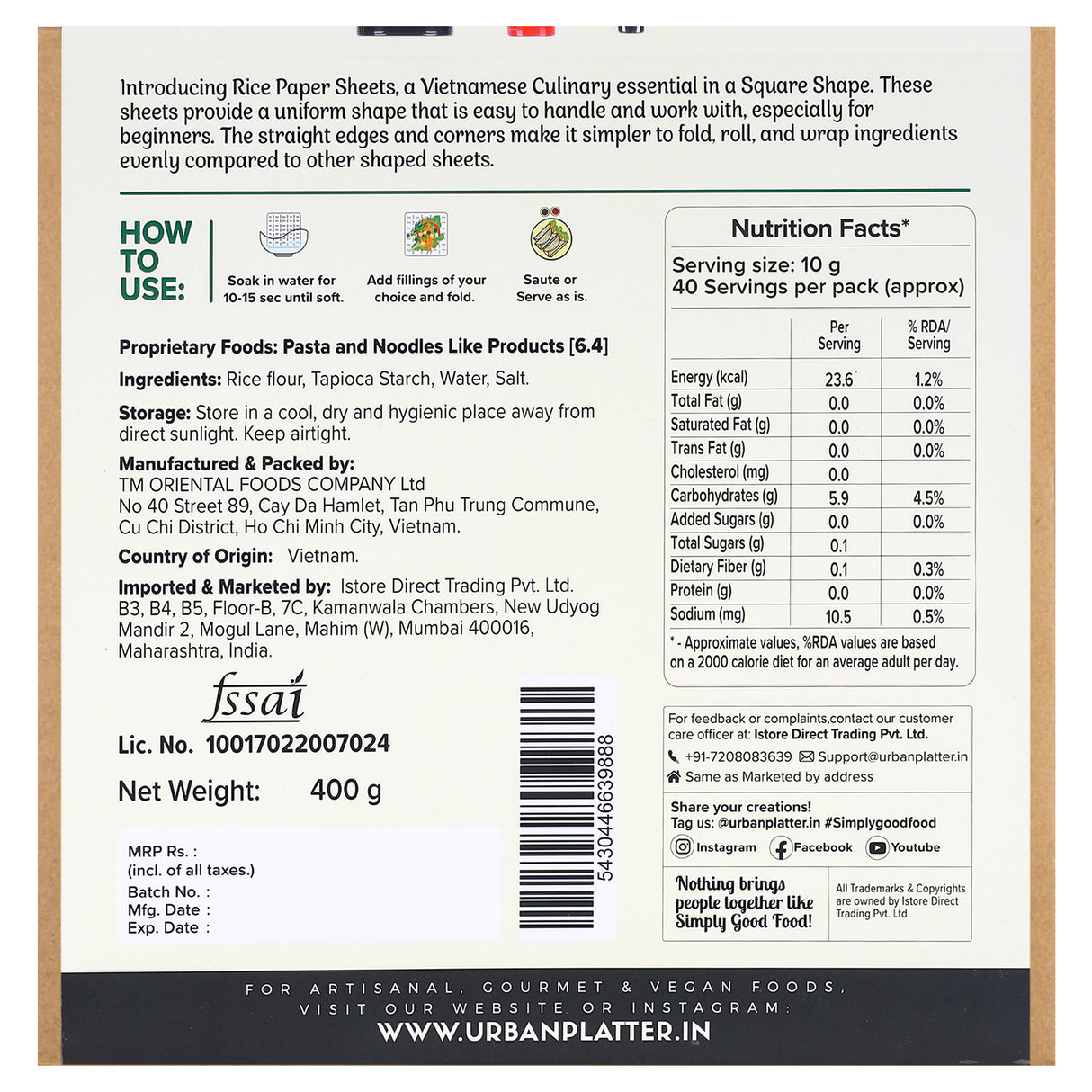 Urban Platter Square Rice Paper Sheets, 400g (Vietnamese Spring Roll Wrappers | Gluten Free | 22 cm each | Easy To Roll)