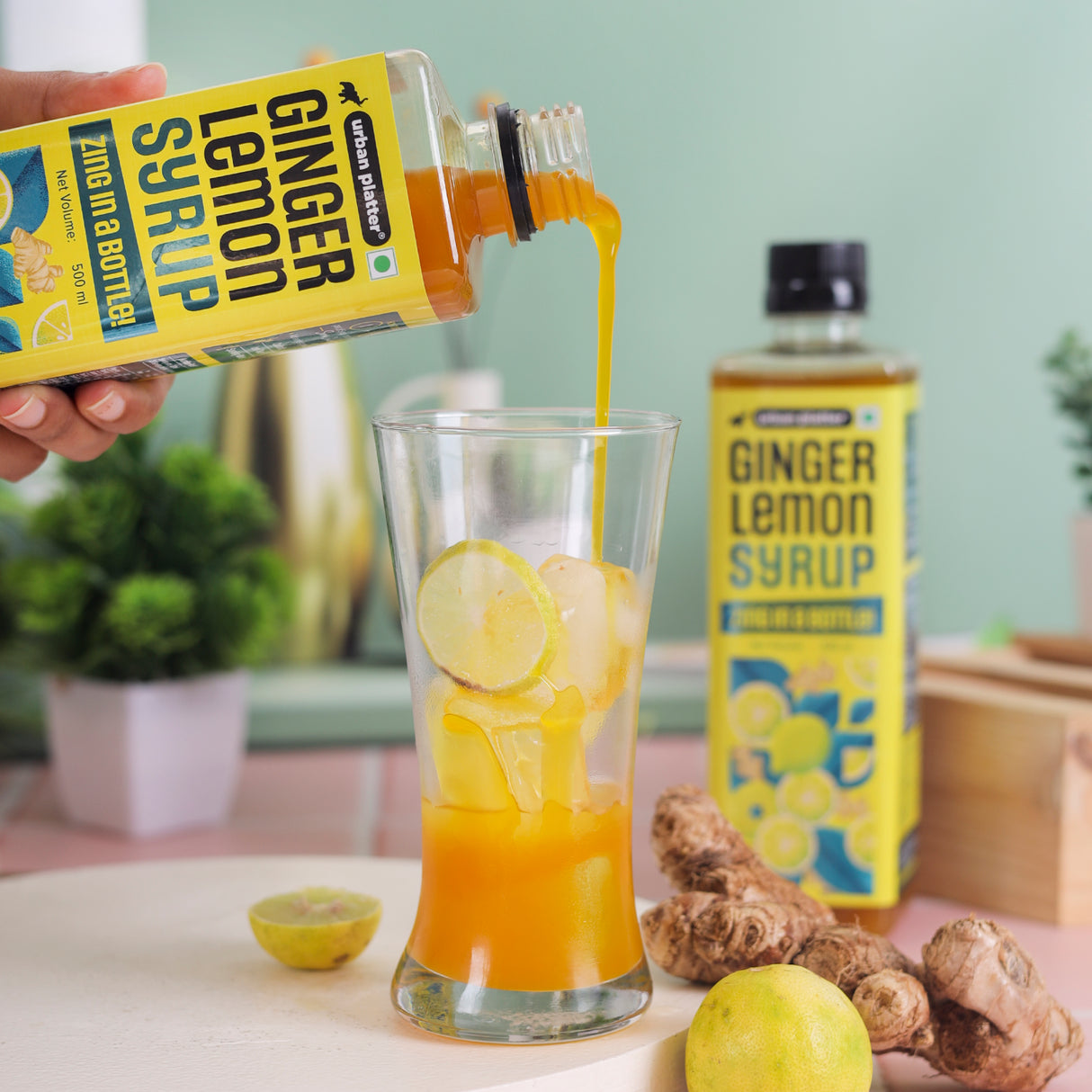 Urban Platter Ginger Lemon Syrup, 500ml (Refreshing | Tangy and Zesty | Sweetened)