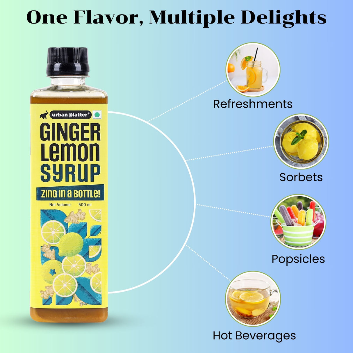 Urban Platter Ginger Lemon Syrup, 500ml (Refreshing | Tangy and Zesty | Sweetened)