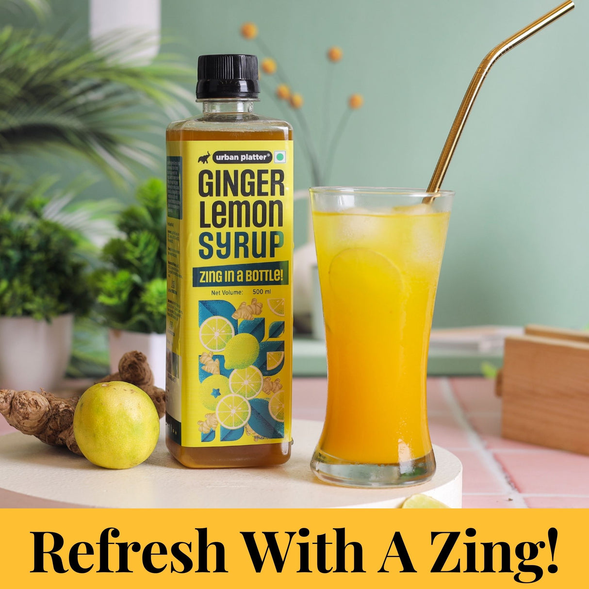 Urban Platter Ginger Lemon Syrup, 500ml (Refreshing | Tangy and Zesty | Sweetened)