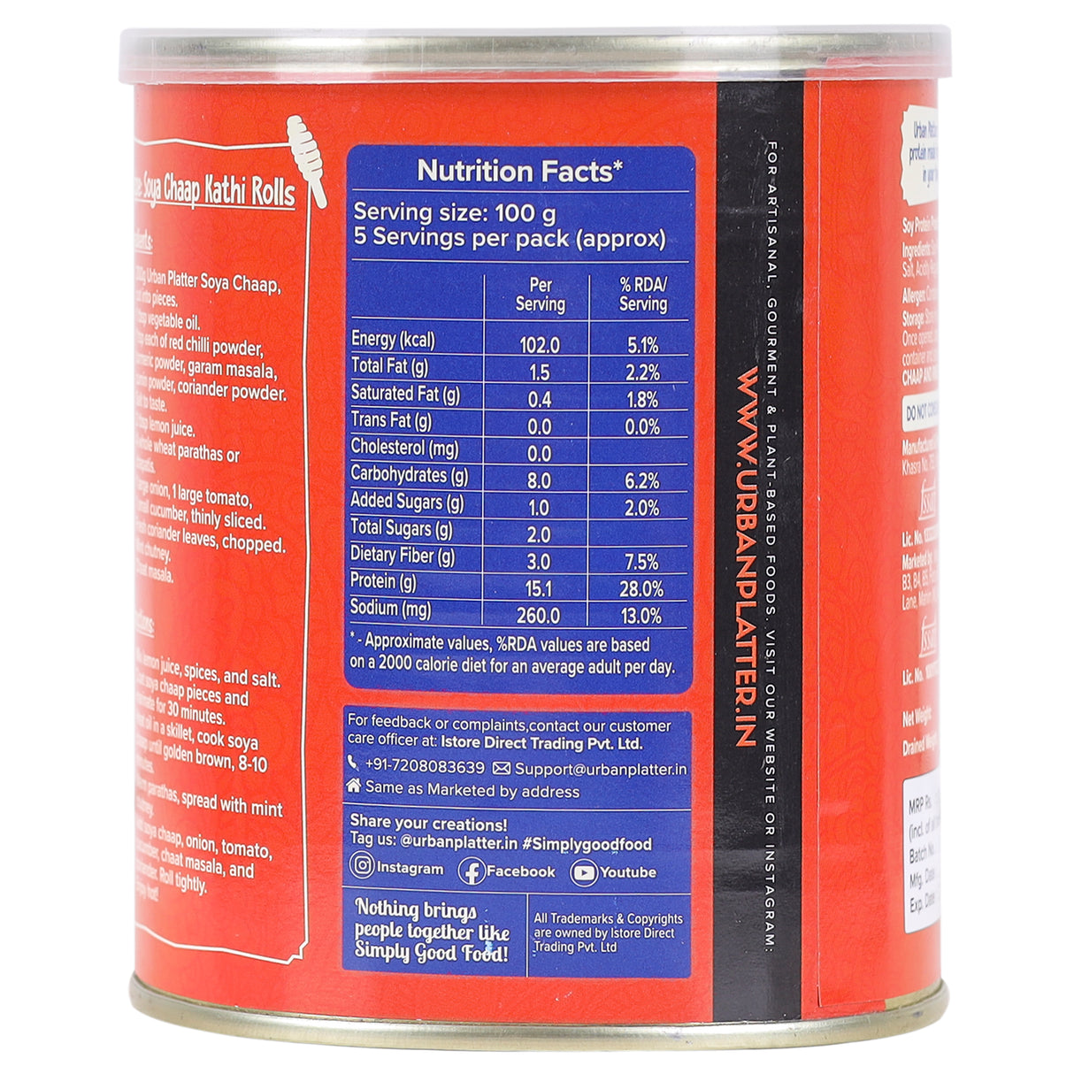 Urban Platter Soya Chaap in Brine, 800g (Canned | Chunks on Stick | Drained Weight - 500g, Rich in Plant Protein| Soy Chap)