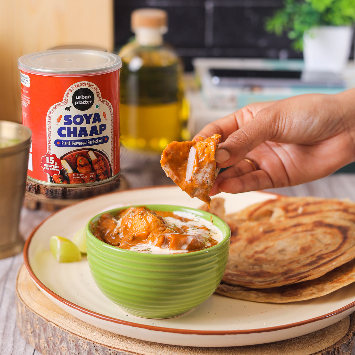 Urban Platter Soya Chaap in Brine, 800g (Canned | Chunks on Stick | Drained Weight - 500g, Rich in Plant Protein| Soy Chap)