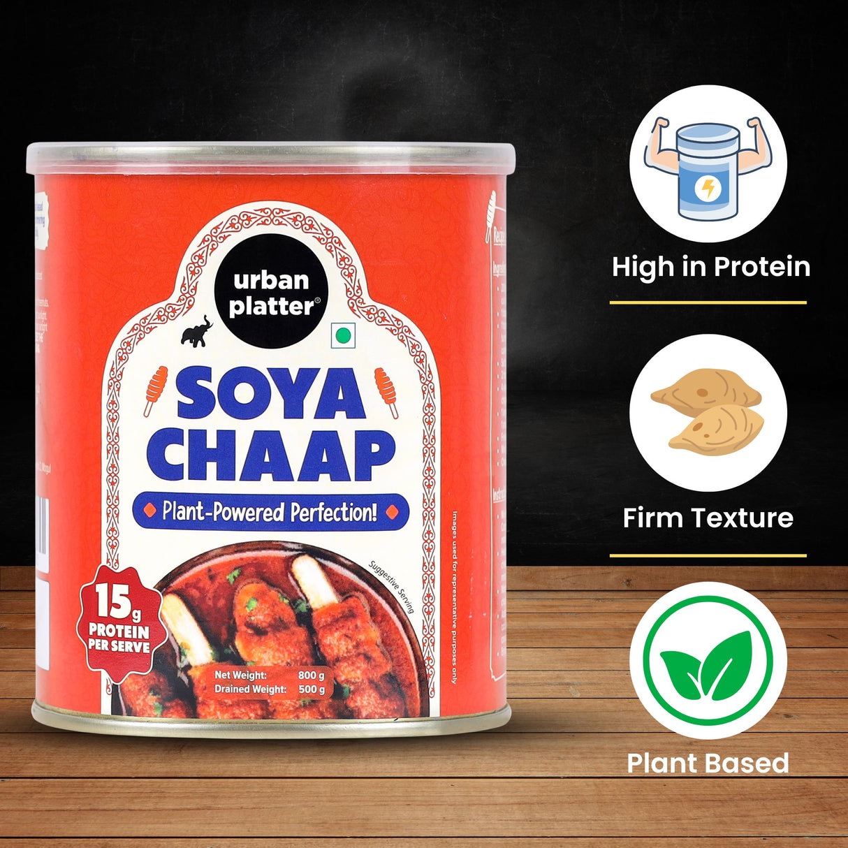 Urban Platter Soya Chaap in Brine, 800g (Canned | Chunks on Stick | Drained Weight - 500g, Rich in Plant Protein| Soy Chap)