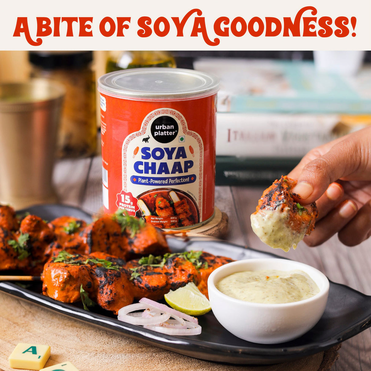 Urban Platter Soya Chaap in Brine, 800g (Canned | Chunks on Stick | Drained Weight - 500g, Rich in Plant Protein| Soy Chap)