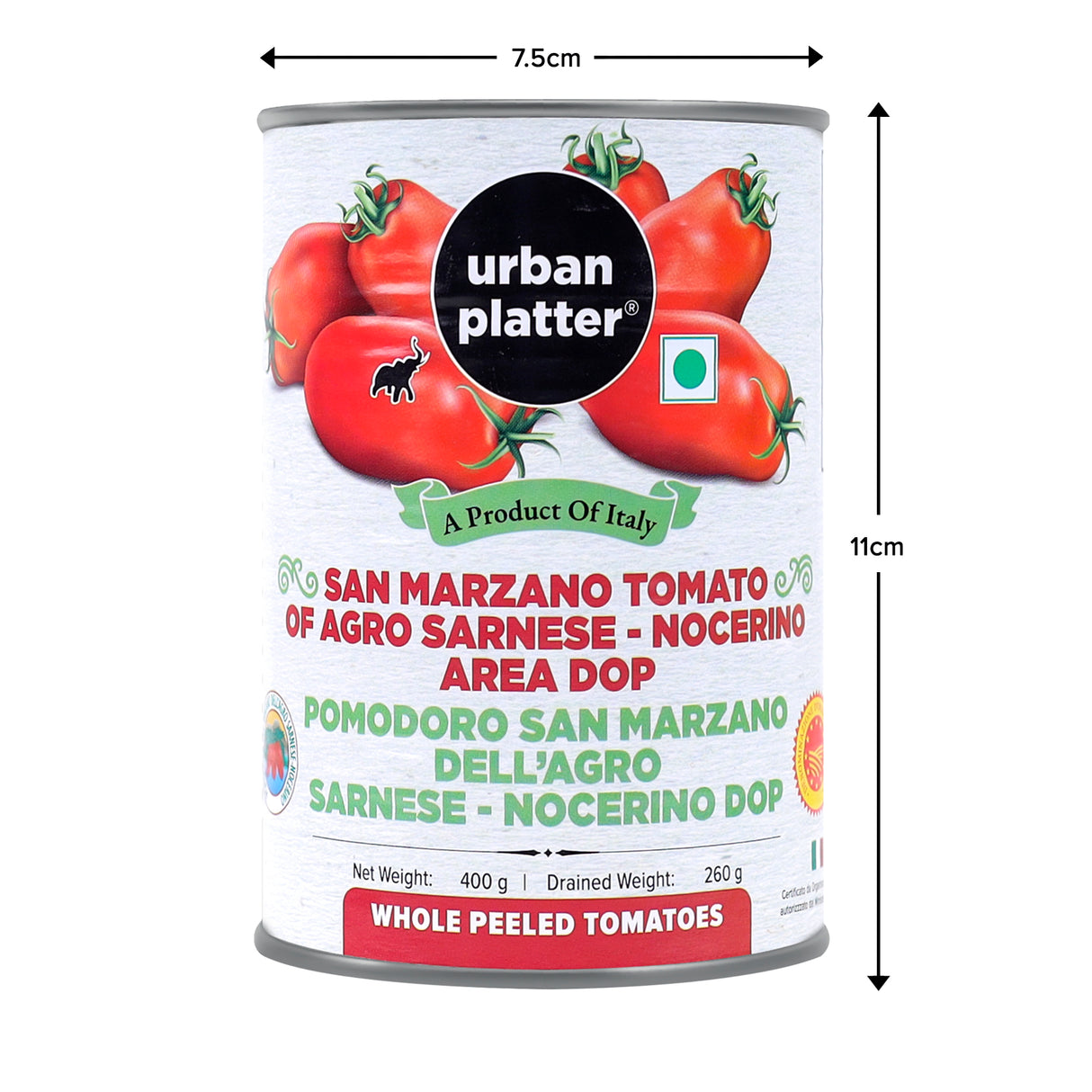 Urban Platter San Marzano Whole Peeled Tomatoes in Tomato Juice, 400g (Drained Weight 260g, DOP, Tomates pelles dans le jus, Product of Italy)