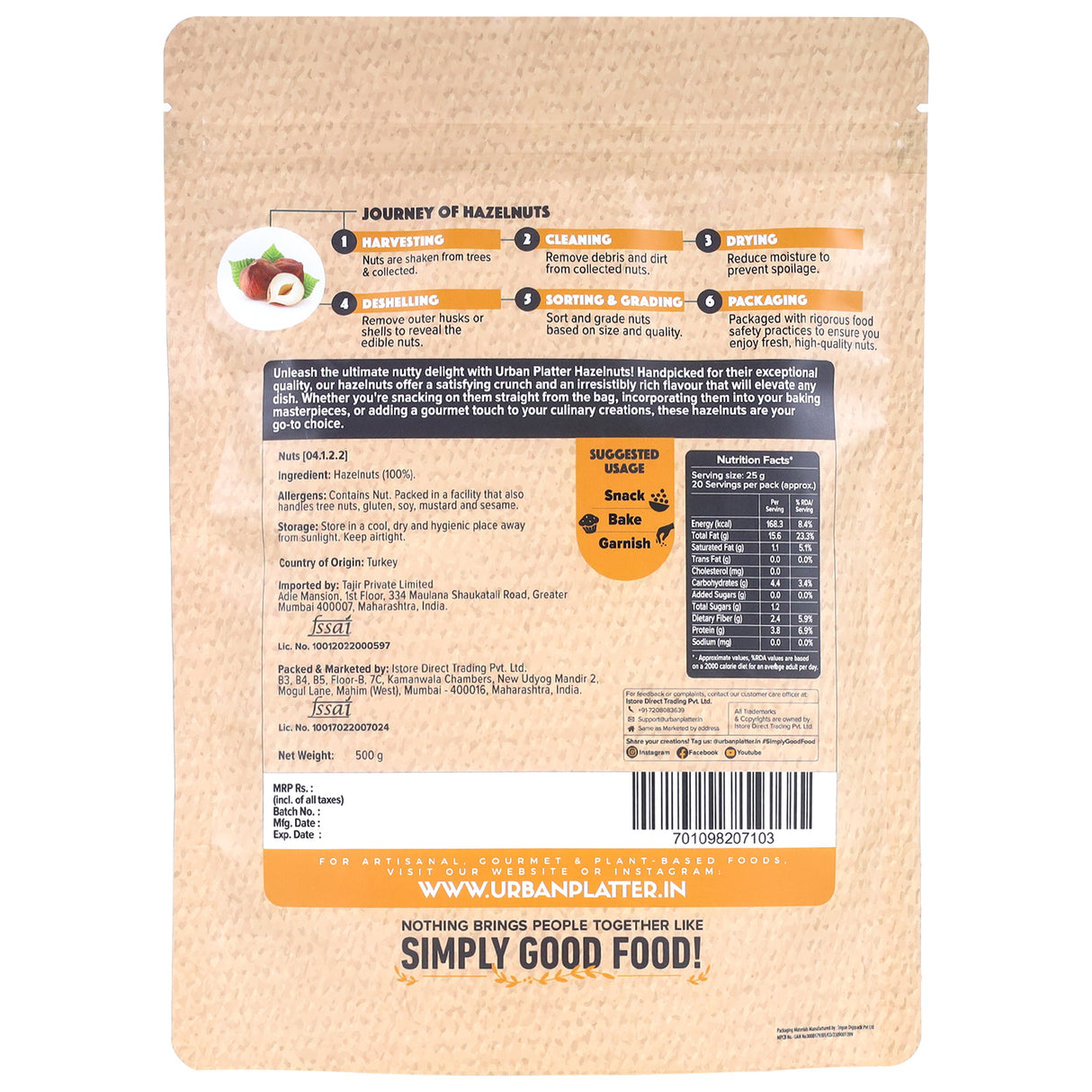 Urban Platter Exotic Hazelnut Kernels, 500g (Protein & Fibre-Rich | Nutrient-Dense | Perfect for Snacking & Desserts)