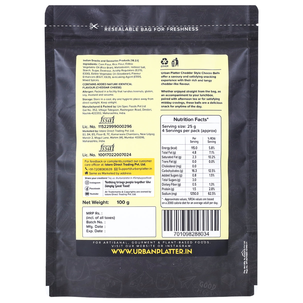 Urban Platter Cheese Balls, 100g (Cheddar Flavour, Plant-Based Snack)