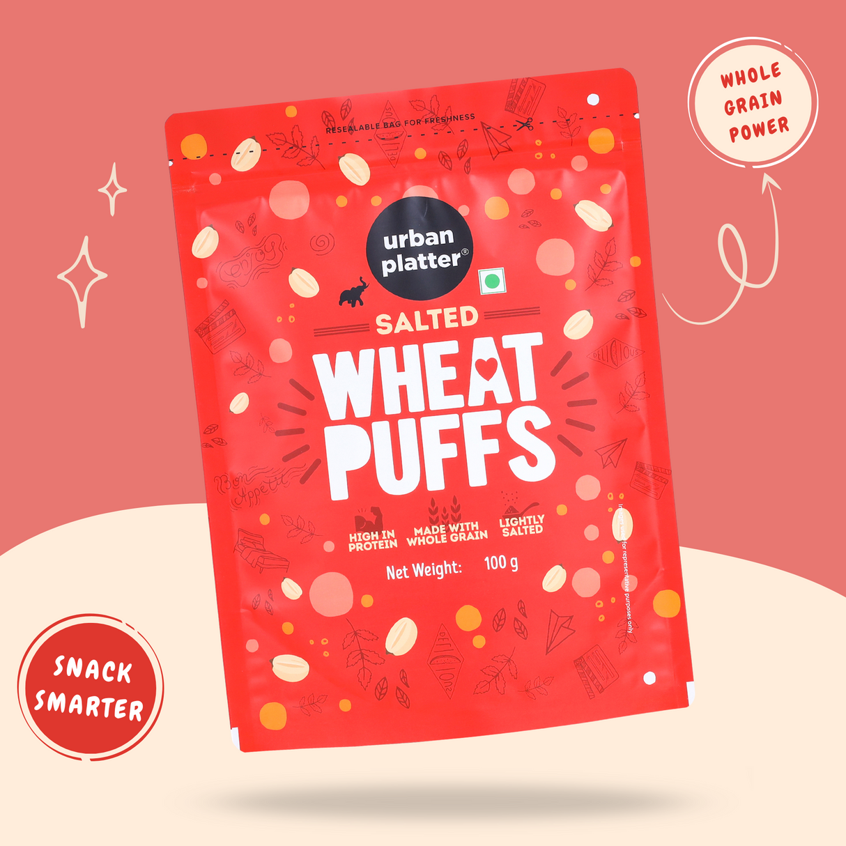 Urban Platter Salted Wheat Puff, 100g (Made from Whole Grain, High in Protein, Lightly Salted, Oil Free, Kid Friendly)