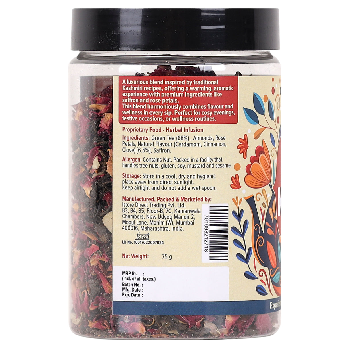 Royal Kashmiri Kahwa Tea, 75g (Saffron Infused Herbal Green Tea Blend with Spices | Aromatic, Refreshing & Perfect for Wellness)