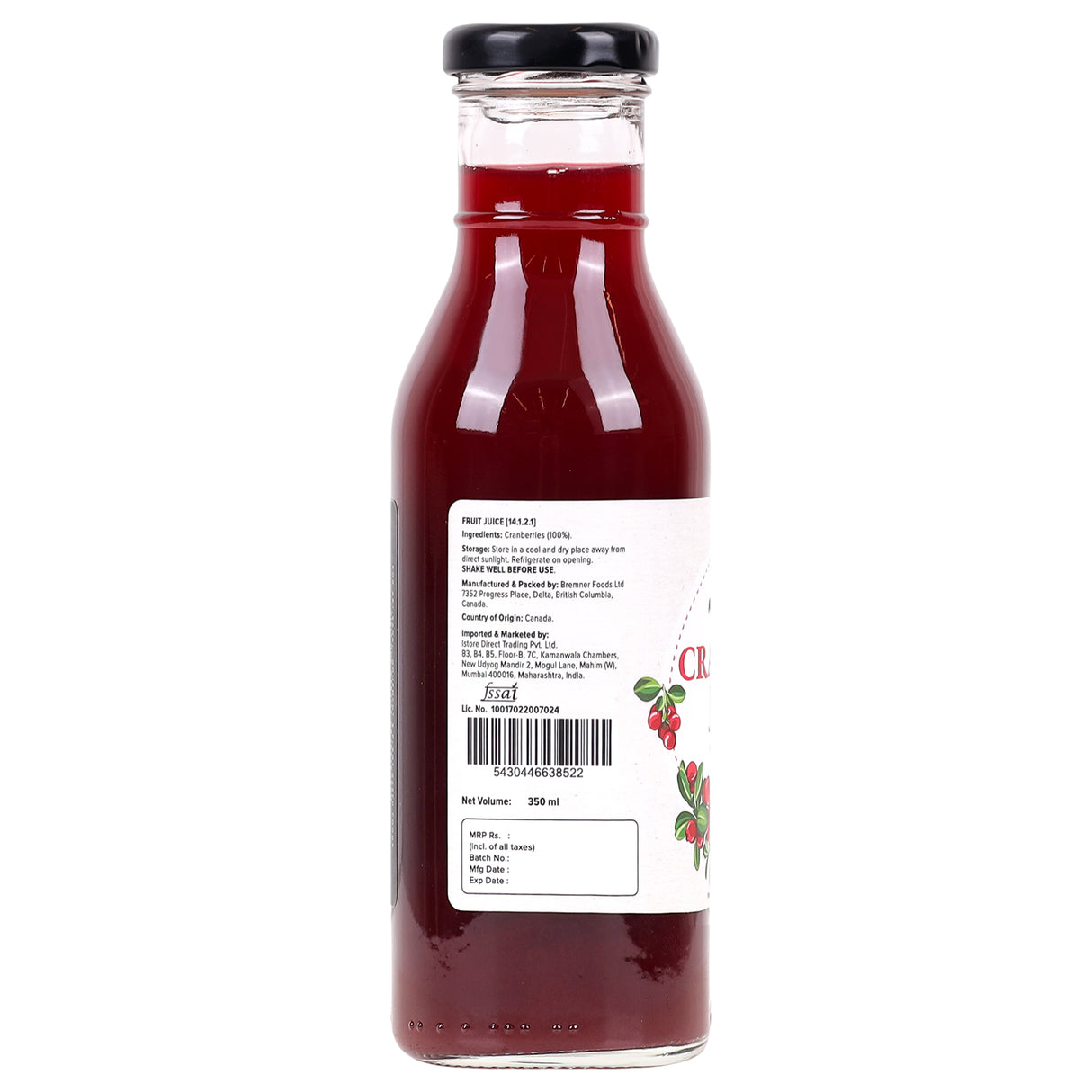 Urban Platter 100% Canadian Cranberry Juice, 350ml | No Added Sugar, Preservative-Free | Antioxidant-Rich, Supports UTI Health | Ideal for Cocktails & Mocktails
