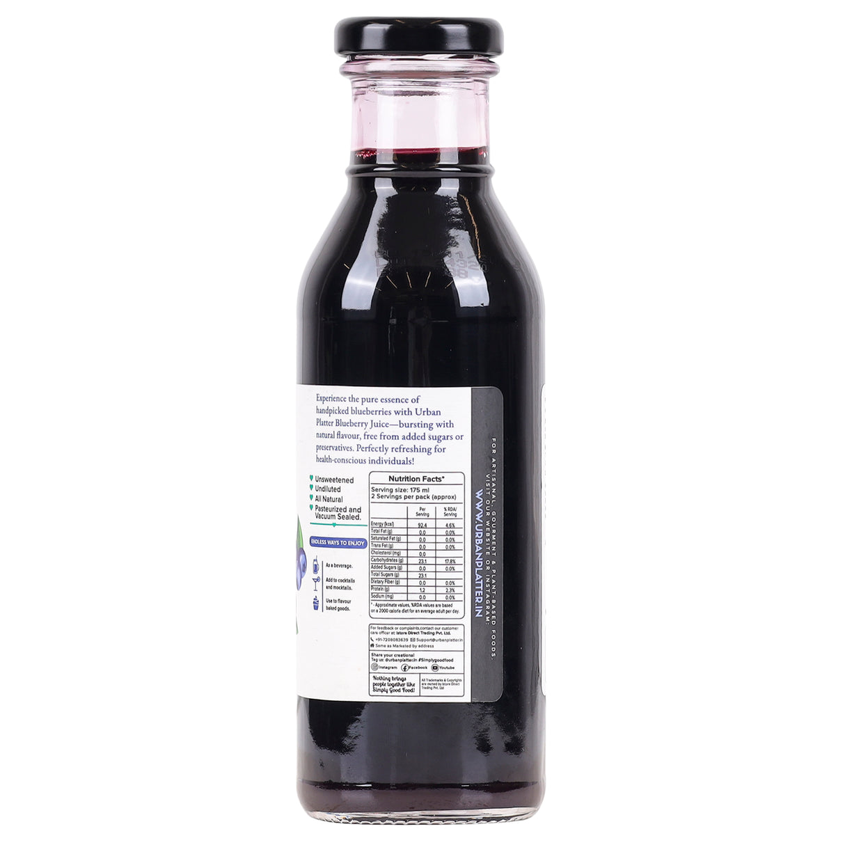 Urban Platter Pure Canadian Blueberry Juice, 350ml (Unsweetened | Supports Brain, Heart, Immune Health | Antioxidant Powerhouse)