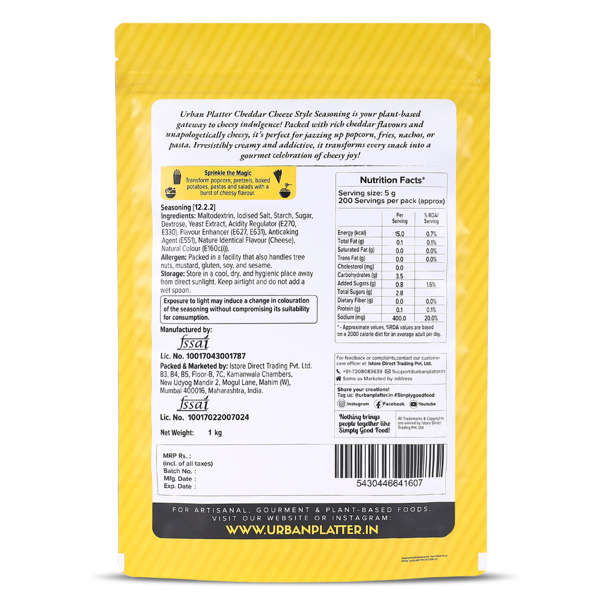 Cheddar Cheese Style Seasoning, 1 kg (Perfectly Plant-based | Ideal for Pop Corn, Fries, Pasta, and more | Super-Value pack)