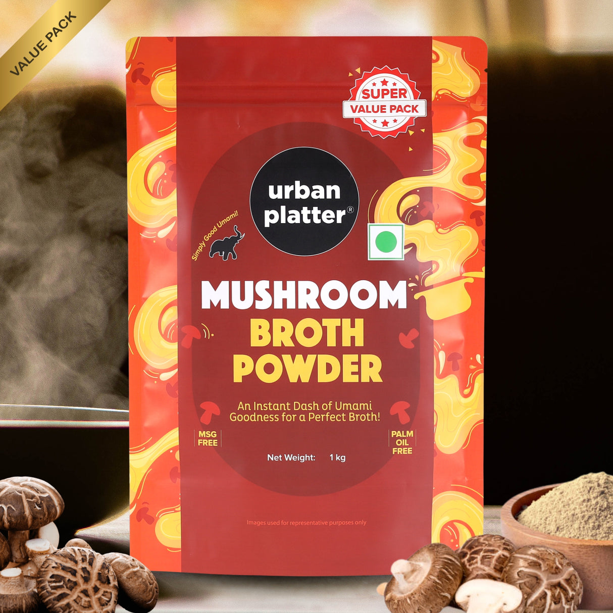 Urban Platter Mushroom Bouillon & Broth Powder, 1kg (Plant-Based | Instant Soup Base | MSG-free | Umami-Rich)