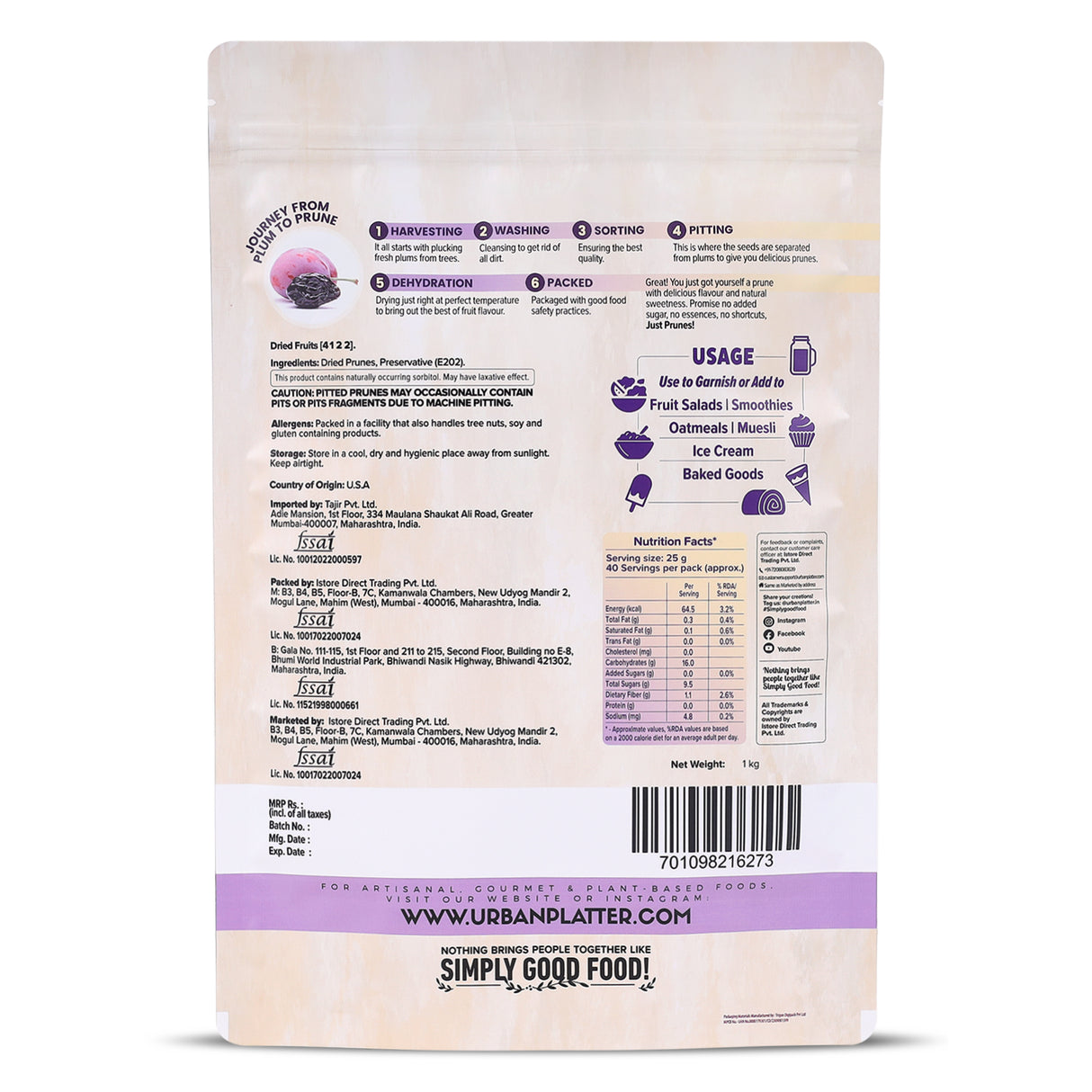 Urban Platter Pitted California Prunes, 1Kg (Dried Plums | Unsweetened | Rich in fibre | Great for Digestion)
