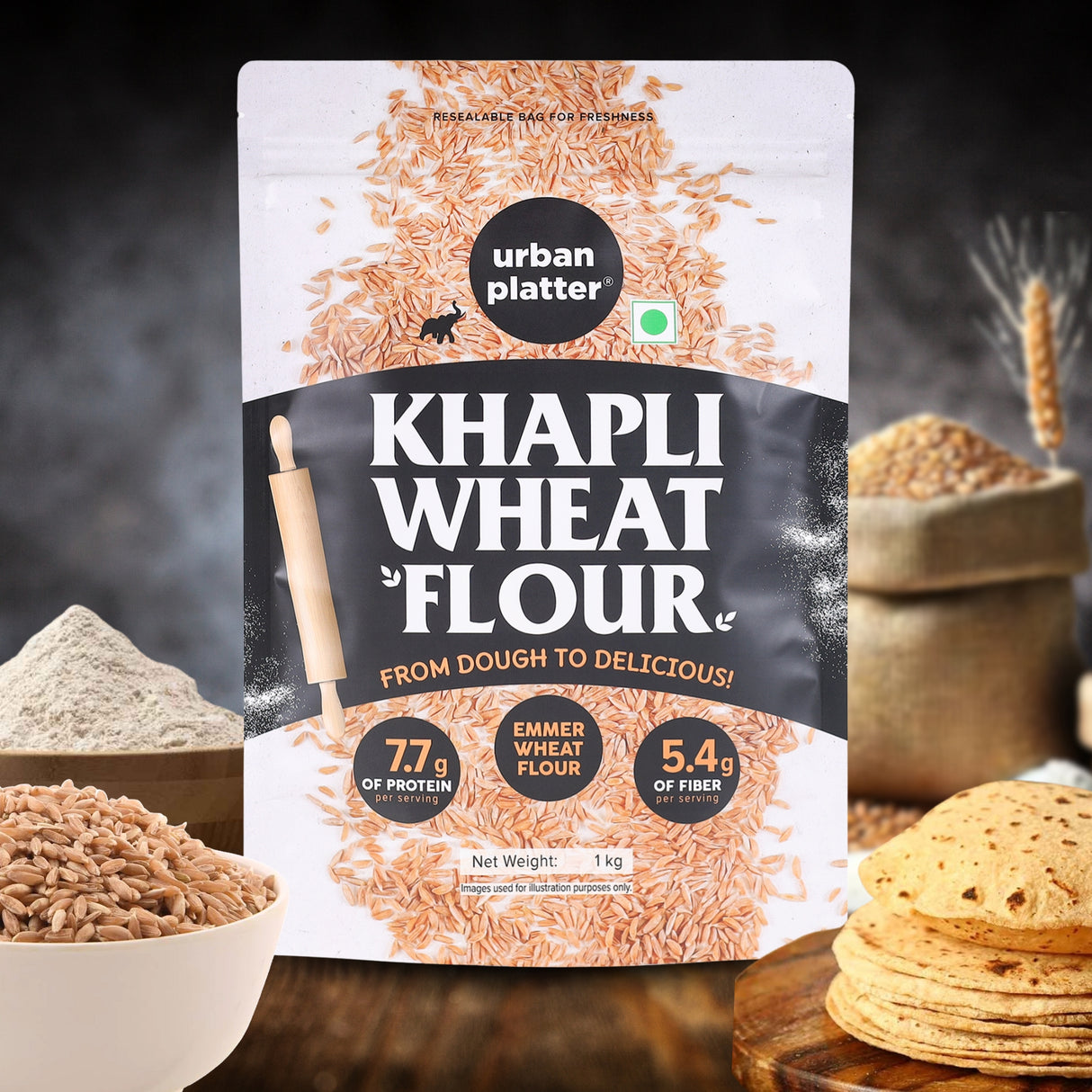 Khapli Wheat Flour, 1kg (Ancient Grain | High-Fibre & Low-Gluten | Stone-Ground & Wholesome Atta)